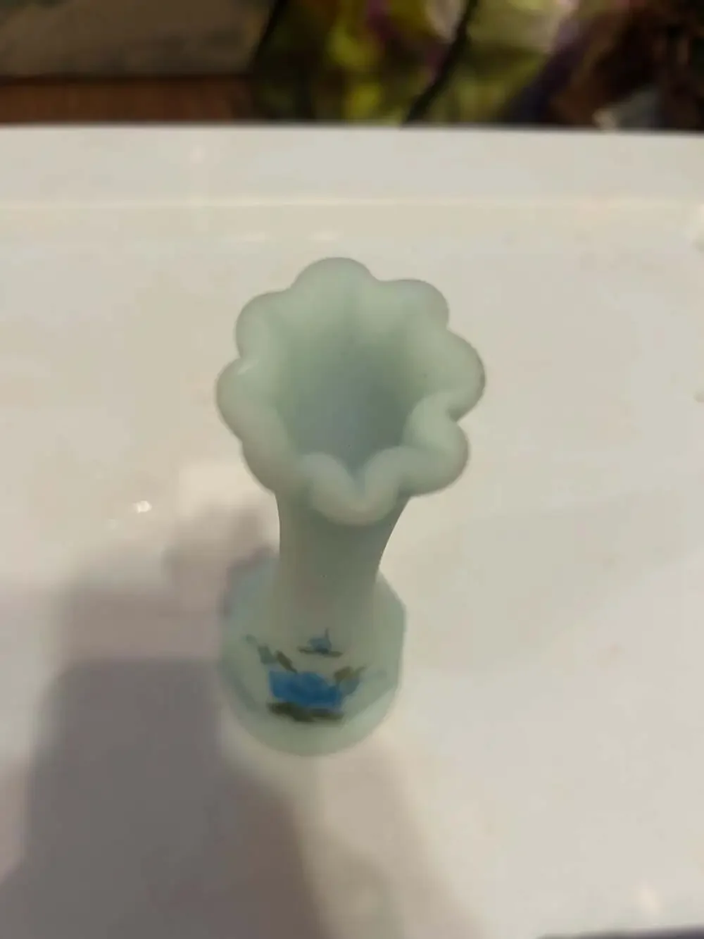 Fenton Satin Blue Green Hand Painted Vase Flowers & Signed by Kim L